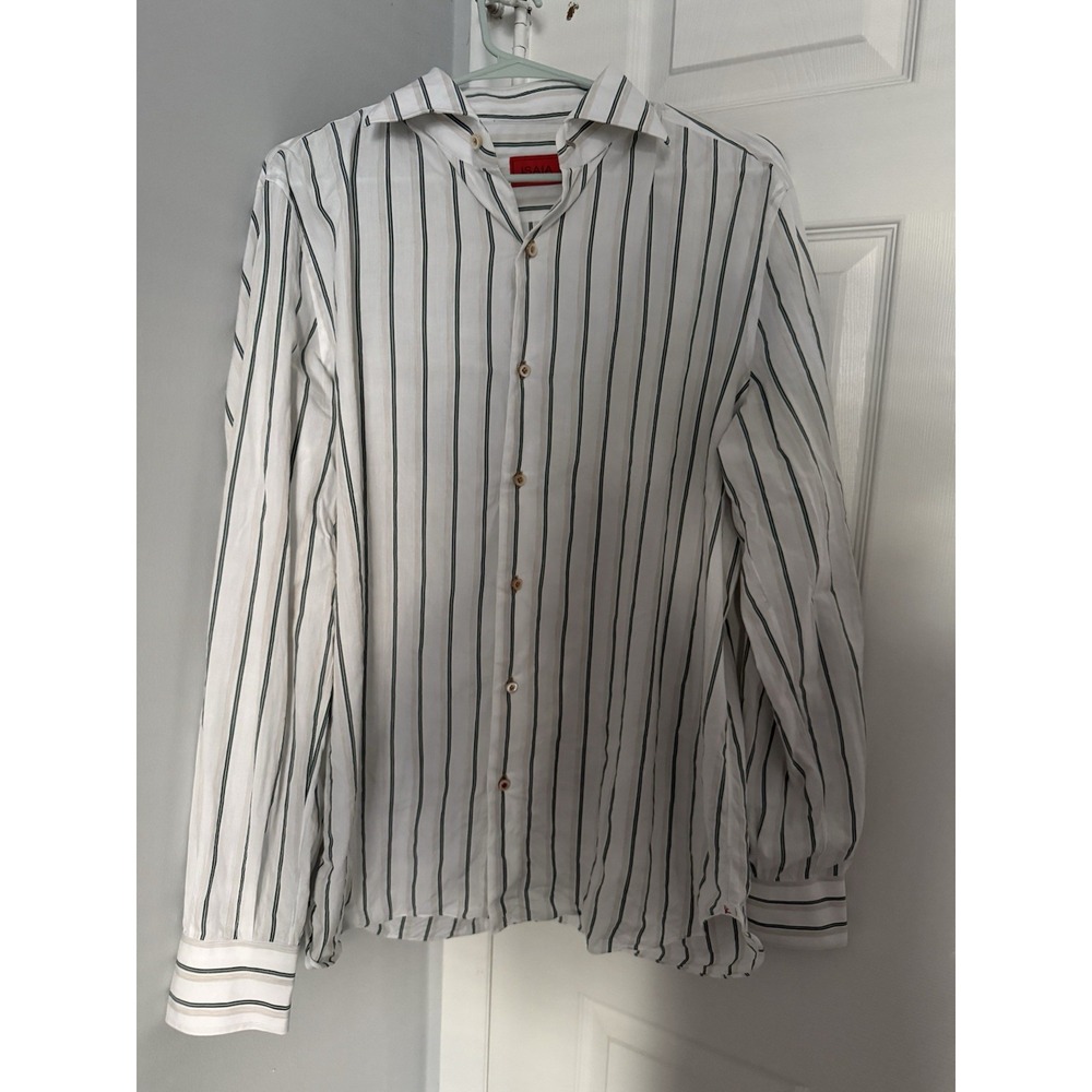 ISAIA Napoli Men's Dress Shirt 16.5/42 White Green Stripe 100% Cotton Made Italy